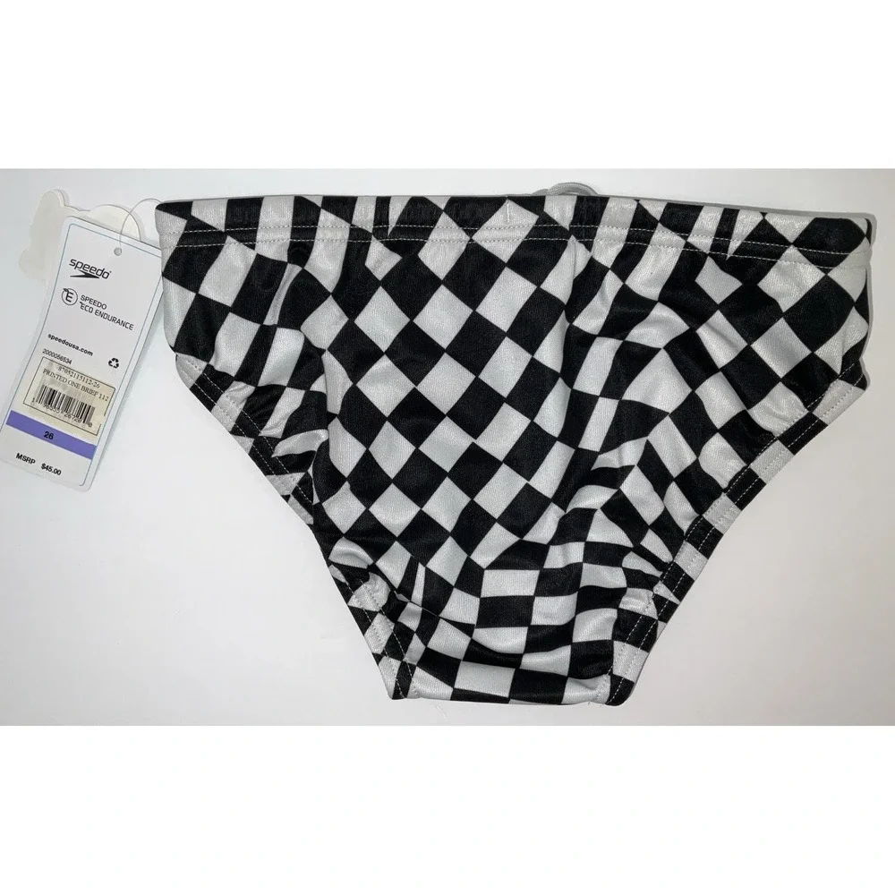 NWT Men's Speedo Vibe Collection Eco Endurance Brief Swim Trunks Black White 26